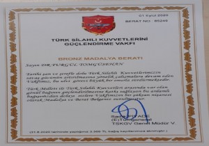 TSK Güçlendirme Vakfından Turgül Tomgüsehane Bronz Madalya Beratı